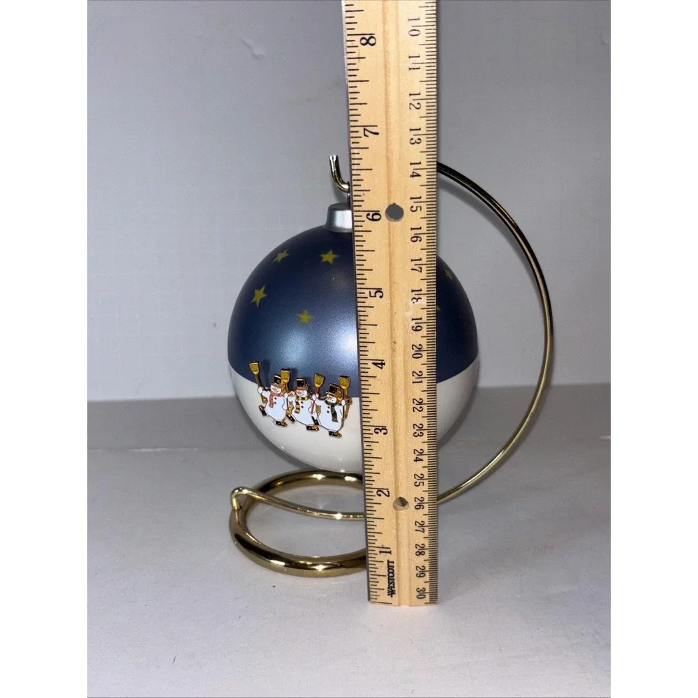 Vintage Christmas Musical Globe Ball Ornament Enamel Metal Snowmen On Stand